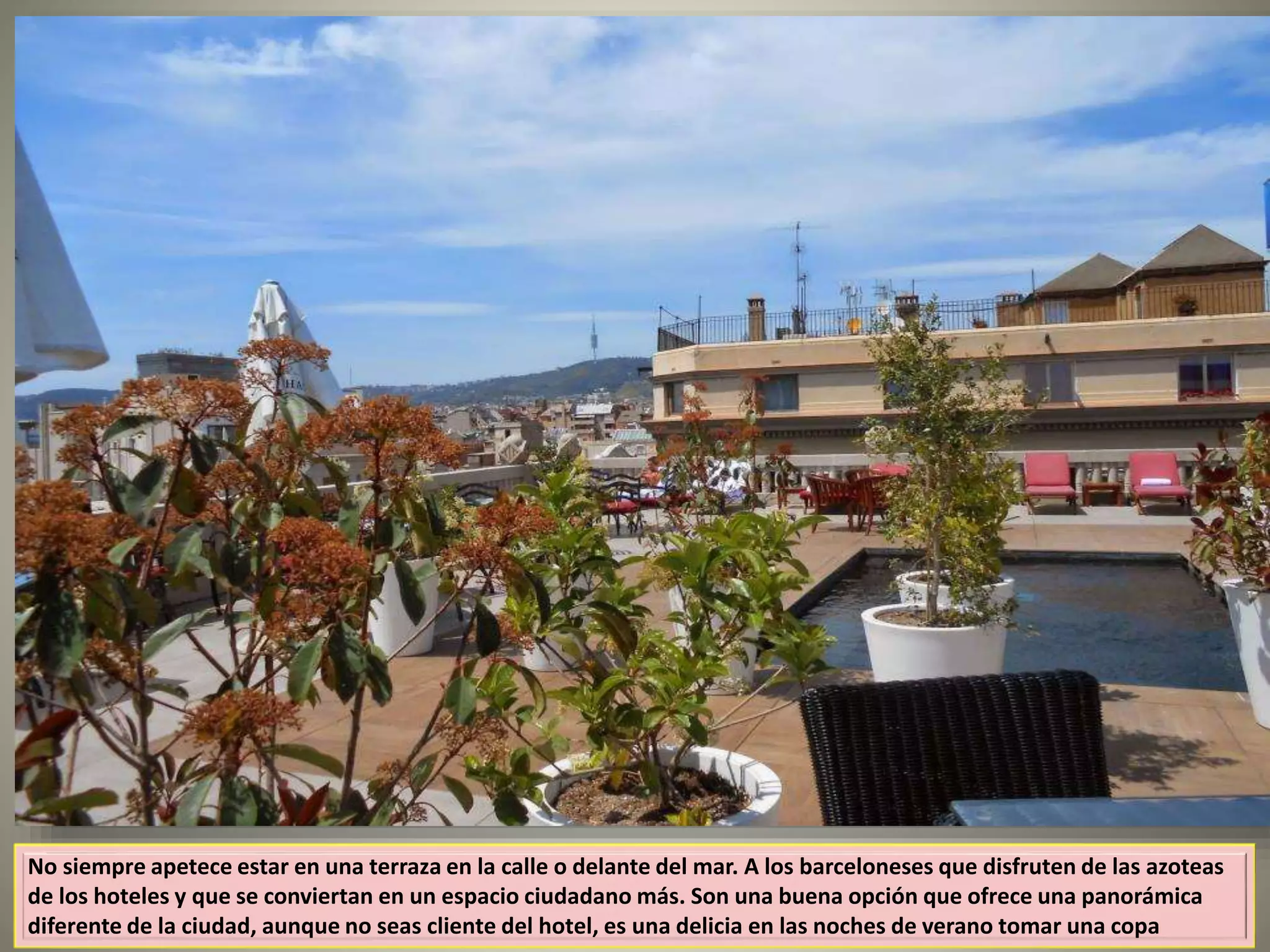 No siempre apetece estar en una terraza en la calle o delante del mar. A los barceloneses que disfruten de las azoteas
de los hoteles y que se conviertan en un espacio ciudadano más. Son una buena opción que ofrece una panorámica
diferente de la ciudad, aunque no seas cliente del hotel, es una delicia en las noches de verano tomar una copa
 