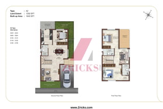 Ground Floor Plan First Floor Plan
Type : A2
Land Extent : 1250 SFT
Built-up Area : 1640 SFT
A2 Type
Villa Series
A023 - A043
A065 - A084
A105 - A124
A146 - A165
A182 - A196
N
S
E
W
www.Zricks.com
 