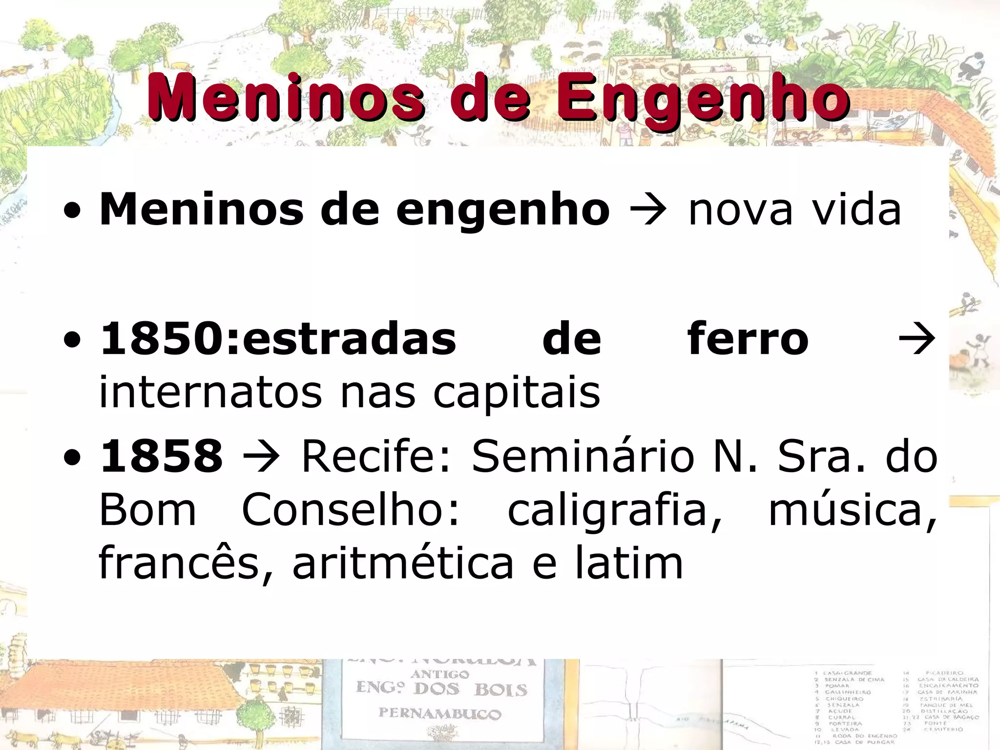 Meninos de EngenhoMeninos de Engenho
• Meninos de engenho  nova vida
• 1850:estradas de ferro 
internatos nas capitais
• 1858  Recife: Seminário N. Sra. do
Bom Conselho: caligrafia, música,
francês, aritmética e latim
 