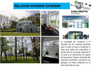 CASA GROTTA
Richard Meier
RELACIÓN INTERIOR EXTERIOR
La cantidad de ventanas y el
tamaño de las mismas permite
que la casa se abra al exterior y
deja que toda esa naturaleza y
verde que la circunda ingresen a
la casa y se conviertan en parte
del proyecto. El gran ventanal del
volumen cilíndrico, enmarcan en
paisaje y lo hace evidente en el
área social de la casa
 