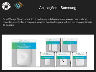 Aplicações - Samsung
15
SmartThings Cloud: um único e poderoso hub baseado em nuvem que pode se
conectar e controlar produtos e serviços habilitados para IoT em um ponto unificado
de contato
 