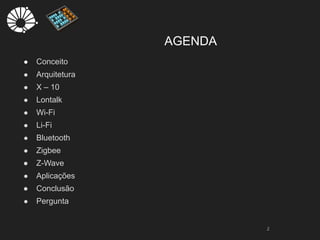 AGENDA
● Conceito
● Arquitetura
● X – 10
● Lontalk
● Wi-Fi
● Li-Fi
● Bluetooth
● Zigbee
● Z-Wave
● Aplicações
● Conclusão
● Pergunta
2
 