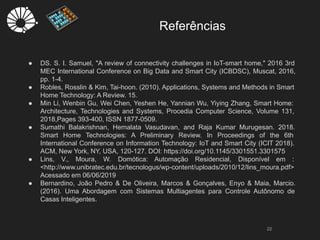 Referências
22
● DS. S. I. Samuel, "A review of connectivity challenges in IoT-smart home," 2016 3rd
MEC International Conference on Big Data and Smart City (ICBDSC), Muscat, 2016,
pp. 1-4.
● Robles, Rosslin & Kim, Tai-hoon. (2010). Applications, Systems and Methods in Smart
Home Technology: A Review. 15.
● Min Li, Wenbin Gu, Wei Chen, Yeshen He, Yannian Wu, Yiying Zhang, Smart Home:
Architecture, Technologies and Systems, Procedia Computer Science, Volume 131,
2018,Pages 393-400, ISSN 1877-0509.
● Sumathi Balakrishnan, Hemalata Vasudavan, and Raja Kumar Murugesan. 2018.
Smart Home Technologies: A Preliminary Review. In Proceedings of the 6th
International Conference on Information Technology: IoT and Smart City (ICIT 2018).
ACM, New York, NY, USA, 120-127. DOI: https://doi.org/10.1145/3301551.3301575
● Lins, V., Moura, W. Domótica: Automação Residencial, Disponível em :
<http://www.unibratec.edu.br/tecnologus/wp-content/uploads/2010/12/lins_moura.pdf>
Acessado em 06/06/2019
● Bernardino, João Pedro & De Oliveira, Marcos & Gonçalves, Enyo & Maia, Marcio.
(2016). Uma Abordagem com Sistemas Multiagentes para Controle Autônomo de
Casas Inteligentes.
 