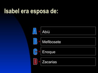 Isabel era esposa de:
 Abiú
 Mefibosete
 Enoque
 Zacarias
 