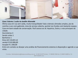 Casa 3 dorms 1 suíte no Jardim Alvorada
Ótima casa em rua sem saída, muita tranquilidade! Sala e demais cômodos amplos, pia da
cozinha e wcs com gabinete, área de serviço coberta, quintal nos fundos com bastante espaço.
Casa em bom estado de conservação. Fácil acesso ao Jd. Aquárius, Dutra, e vias principais da
cidade.
Dormitórios 3
Sendo suítes 1
Banheiros 1
Área útil 110,00 m2
venda R 310.000,00
locação R 1.500,00
Entre em contato se desejar uma análise de financiamento estamos à disposição e agende a sua
visita.
Contato: fabioladaiane@helpconsulting.com.br 12 99110-6776 claro 11 98298-7202 tim 12 98815-6885 oi 12
99774-0535 vivo

 
