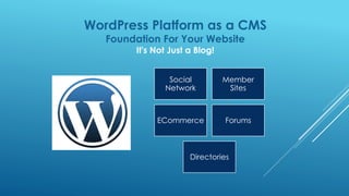 WordPress Platform as a CMS
Foundation For Your Website
It's Not Just a Blog!
Social
Network
Member
Sites
ECommerce Forums
Directories
 