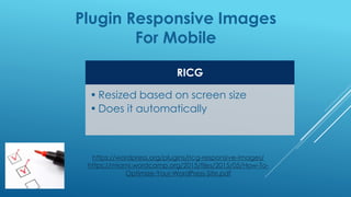 Plugin Responsive Images
For Mobile
RICG
• Resized based on screen size
• Does it automatically
https://wordpress.org/plugins/ricg-responsive-images/
https://miami.wordcamp.org/2015/files/2015/05/How-To-
Optimize-Your-WordPress-Site.pdf
 