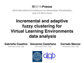 Incremental and adaptive
fuzzy clustering for
Virtual Learning Environments
data analysis
Gabriella Casalino
University of Bari, Italy
IV2019-France
23rd International Conference on Information Visualization,
July 2-5 2019, Paris
Giovanna Castellano
University of Bari, Italy
Corrado Mencar
University of Bari, Italy
 