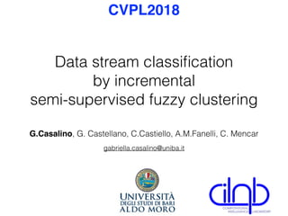 Data stream classiﬁcation
by incremental
semi-supervised fuzzy clustering
G.Casalino, G. Castellano, C.Castiello, A.M.Fanelli, C. Mencar
CVPL2018
gabriella.casalino@uniba.it
 