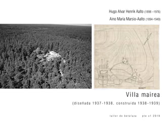 Villa mairea
( d i s e ñ a d a 1 9 3 7 - 1 9 3 8 , c o n s t r u i d a 1 9 3 8 - 1 9 3 9 )
t a l l e r d e b e t o l a z a p t e s 1 2 0 1 9
Hugo Alvar Henrik Aalto (1898 –1976)
Aino Maria Marsio-Aalto (1894-1949)
 
