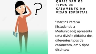 Q U A I S S Ã O O S
T I P O S D E
C A S A M E N T O N A
V I S Ã O E S P Í R I TA ?
“Martins Peralva
[Estudando a
Mediunidade] apresenta
uma divisão didática dos
diferentes tipos de
casamento, em 5 tipos
distintos:
 