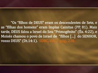 “Os “filhos de DEUS” eram os descendentes de Sete, e
as “filhas dos homens” eram ímpias Cainitas (PP, 81). Mais
tarde, DEUS falou a Israel do Seu “Primogênito” (Êx. 4:22), e
Moisés chamou o povo de Israel de “filhos […] do SENHOR,
vosso DEUS” (Dt.14:1). SDBC, Vol. 1 pág,. 238.

 