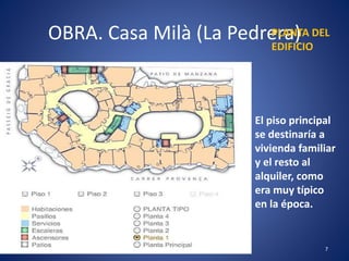 OBRA. Casa Milà (La Pedrera)
7
PLANTA DEL
EDIFICIO
El piso principal
se destinaría a
vivienda familiar
y el resto al
alquiler, como
era muy típico
en la época.
 