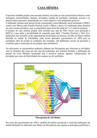 CASA MÍNIMA

O presente trabalho propõe uma moradia mínima, em todas as suas características básicas como
metragens, materialidades, funções, atividades, estudos de insolação, ventilação, acessos e os
demais títulos presentes, pretendendo ser o mais objetivo e útil anteprojeto possível.
A habitação mínima aqui desenvolvida corresponde a uma habitação social destinada a DINCs
(casais sem filhos), para Família Nuclear (casal e filhos), e para a Co-habitação (duas famílias
em uma mesma moradia) e que se enquadrem numa faixa de renda de 3 a 5 salários mínimos.
O projeto da casa mínima propõe uma moradia que seja de 50m² (neste caso destinada à
DINCs) e que tenha a possibilidade de expansão para 60m² ( Família Nuclear) e 70m² (Co-
habitação); tais moradias serão supostamente localizadas em terrenos 25x30m no Bairro Jardim
Holanda na cidade de Uberlândia, onde foram aplicados questionários de APO com os
moradores afim de avaliar as condições das moradias das habitações sociais ali presentes e
contribuir para a realização de um projeto mais satisfatório.

Ao aplicarmos os questionários pudemos elaborar um fluxograma que relaciona as atividades
com os cômodos das casas em que elas são realizadas, que orientou bastante a elaboração do
projeto da Casa Mínima, mostrando que é possível realizar algumas sobreposições de
atividades por meio da flexibilidade dos espaços ou do mobiliário.




                                 Fluxograma de Atividades

Por meio dos questionários de APO e também da análise presencial e visual das habitações do
Jardim Holanda foi elaborada uma Matriz de Descobertas que aponta os principais problemas e
 