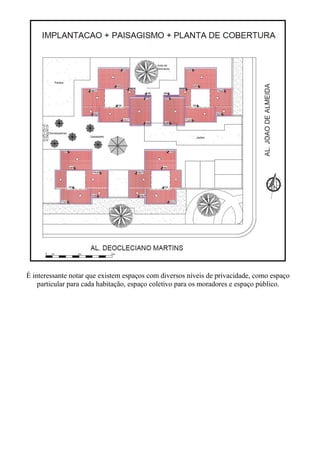 É interessante notar que existem espaços com diversos níveis de privacidade, como espaço
    particular para cada habitação, espaço coletivo para os moradores e espaço público.
 