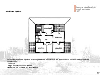 Parque Modernista
Gregori Warchavchik
1927Pavimento superior
Situado no pavimento superior a fim de preservar a intimidade dos moradores da residência encontram-se
4 dormitórios
1 banheiro
1 amplo hall de circulação interna
3 terraços que atendem aos dormitórios
27
 