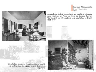 Parque Modernista
Gregori Warchavchik
1927
A residência ainda é composta de um mobiliário integrado
como ilustram as Fotos do livro de Geraldo Ferraz,
Warchavchik e a introdução da nova arquitetura no Brasil:
1925-1940
Circulação e ambientes livres inseridas na questão
da continuidade dos espaços através de simetria
e equilíbrio
31
 