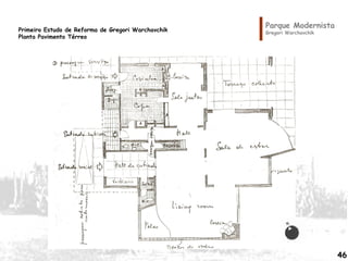 Parque Modernista
Gregori Warchavchik
Primeiro Estudo de Reforma de Gregori Warchavchik
Planta Pavimento Térreo
46
 
