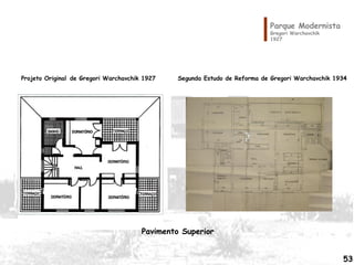 Parque Modernista
Gregori Warchavchik
1927
Projeto Original de Gregori Warchavchik 1927 Segunda Estudo de Reforma de Gregori Warchavchik 1934
Pavimento Superior
53
 