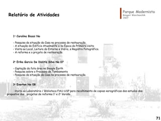 Parque Modernista
Gregori Warchavchik
1927
Relatório de Atividades
 
1o
Carolina Biassi No
 
- Pesquisa da situação da Casa no processo de restauração.
- A situação do Edifício Atualmente e na Época da Primeira visita
- Visita ao Local, Leitura do Entorno e Viário, e Registro Fotográfico.
- A reforma e o projeto de restauração.
 
2o
Erika Garcia De Diviitis Silva No 07
 
- Captação da foto área no Google Earth
- Pesquisa sobre o Processo de Tombamento
- Pesquisa da situação da Casa no processo de restauração.
 
3o
Everton No 08
 
-Visita ao Laboratório / Biblioteca FAU-USP para recolhimento de copias xerográficas dos estudas das
propostas dos projetos de reforma 1o
e 2o
Versão.
 
 
 
71
 