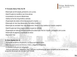 4o
Fernanda Matos Pinho No 09
 
-Elaboração da Introdução juntamente com Luciana
-Identificação da residência nas fotos aéreas
-Levantamento do conceito Modernismo
-Análise do Partido Arquitetônico adotado
-Organização dos dados referentes ao projeto original
-Elaboração do item Casa Modernista: Patrimônio Histórico
-Elaboração da conclusão final: Casa Modernista: Ontem X Hoje (análise do trabalho completo)
-Identificação das fotos atuais na planta original de reforma
-Organização de todos os itens em seqüência na elaboração final do trabalho juntamente com Luciana
-Numeração de páginas e organização do índice
-Impressão final
5o
Flávia Basiloni No 10
 -A situação do Edifício Atualmente e na Época da Primeira visita
-Visita ao Local, Leitura do Entorno e Viário, e Registro Fotográfico.
-A reforma e o projeto de restauração.
-Visita ao Laboratório / Biblioteca FAU- USP para recolhimento de copias xerográficas dos estudas das
propostas dos projeto de reforma 1o
e 2o
Versão.
 
 
Parque Modernista
Gregori Warchavchik
1927
72
 