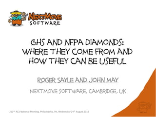 Ghs and nfpa diamonds:
where they come from and
how they can be useful
Roger Sayle and john may
Nextmove software, cambridge, uk
252nd ACS National Meeting, Philadelphia, PA, Wednesday 24th August 2016
 