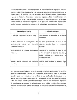 2
sistema son adecuados a las características de los implicados en el proceso evaluado
(figura 7). La función reguladora que toda evaluación posee se pone aquí de manifiesto en
sentido inverso: en el primer caso, es la persona la que debe ajustarse al sistema, y en el
segundo es el sistema el que debe adaptarse a la persona. Esta meta última será muy
difícil de alcanzar si se continúa utilizando la evaluación únicamente como comprobación
o como obstáculo que hay que superar, y no se aplica para contribuir a la mejora de los
propios procesos educativos: la enseñanza del profesor y el aprendizaje del alumno.
Evaluación formativa Evaluación sumativa
Es aplicable a la evaluación de procesos. Es aplicable a la evaluación de productos
terminados.
Se debe incorporar al mismo proceso de
funcionamiento como un elemento
integrante del mismo.
Se sitúa puntualmente al final de un
proceso, cuando éste se considera
acabado.
Su finalidad es la mejora del proceso
evaluado.
Su finalidad es determinar el grado en que
se han alcanzado los objetivos previstos y
valorar positiva o negativamente el
producto evaluado.
Permite tomar medidas de carácter
inmediato.
Permite tomar medidas a medio y largo
plazo.
Este ajuste de procesos puede darse por un rasgo importante que interviene en la misma
definición de evaluación formativa: su carácter de continuidad. Es decir, la evaluación
formativa debe ser continua para poder llevar a cabo su función. Un esquema de su
posible aplicación aparece en la figura 8. Como se ve, supone una reflexión constante
sobre el quehacer docente, planteándose siempre cómo se está produciendo el proceso
de enseñanza y aprendizaje, si va funcionando como estaba previsto, si es necesario
modificar las propuestas –total o parcialmente- o si es positivo continuar como se previó,
etc.
 