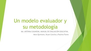 Un modelo evaluador y 
su metodología 
MA. ANTONIA CASANOVA, MANUAL DE EVALUACIÓN EDUCATIVA. 
Mara Quintana, Bryan Concha y Paulina Flores 
 