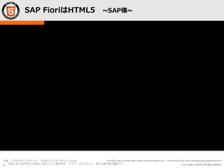 © LPI-Japan / EDUCO All rights reserved.
The HTML5 Logo is licensed under Creative Commons Attribution 3.0. Unported by the W3C; http://creativecommons.org/licenses/by/3.0/
12
SAP FioriはHTML5 ~SAP様~
出典 : エグゼクティブセミナー HTML5 ビジネスサミット2016
「SAPにおけるHTML5の活用」SAPジャパン株式会社 バイス・プレジデント 鈴木 正敏 様ご講演より。
 
