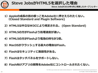 © LPI-Japan / EDUCO All rights reserved.
The HTML5 Logo is licensed under Creative Commons Attribution 3.0. Unported by the W3C; http://creativecommons.org/licenses/by/3.0/
20
Steve JobsがHTML5を選択した理由
Steve Jobsが2010年4月に発表したオープンレター
1）Appleの成長の首の根っこをAdobe社に押さえられたくない。
（Closed Standard and Plugin Software)
2）HTML5は中立なW3Cにより規定される。 (Open Standard)
3）HTML5の方がFlashより処理速度が速い。
4）HTML5の方がFlashより電池の持ちが2倍。
5）MacOSがクラッシュする最大の理由はFlash。
6）Flashはセキュリティに脆弱性がある。
7）Flashはタッチパネルをサポートしない。
8）Flash向けアプリの開発をAdobe社にコントロールされたくない。
 