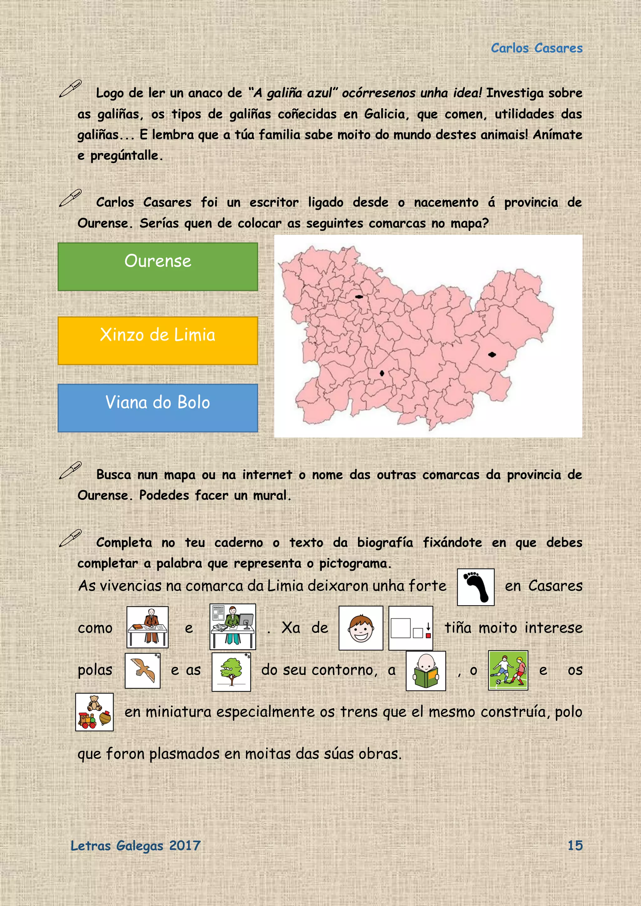 Carlos Casares
Letras Galegas 2017 15
 Logo de ler un anaco de “A galiña azul” ocórresenos unha idea! Investiga sobre
as galiñas, os tipos de galiñas coñecidas en Galicia, que comen, utilidades das
galiñas... E lembra que a túa familia sabe moito do mundo destes animais! Anímate
e pregúntalle.
 Carlos Casares foi un escritor ligado desde o nacemento á provincia de
Ourense. Serías quen de colocar as seguintes comarcas no mapa?
 Busca nun mapa ou na internet o nome das outras comarcas da provincia de
Ourense. Podedes facer un mural.
 Completa no teu caderno o texto da biografía fixándote en que debes
completar a palabra que representa o pictograma.
As vivencias na comarca da Limia deixaron unha forte en Casares
como e . Xa de tiña moito interese
polas e as do seu contorno, a , o e os
en miniatura especialmente os trens que el mesmo construía, polo
que foron plasmados en moitas das súas obras.
Ourense
Xinzo de Limia
Viana do Bolo
 