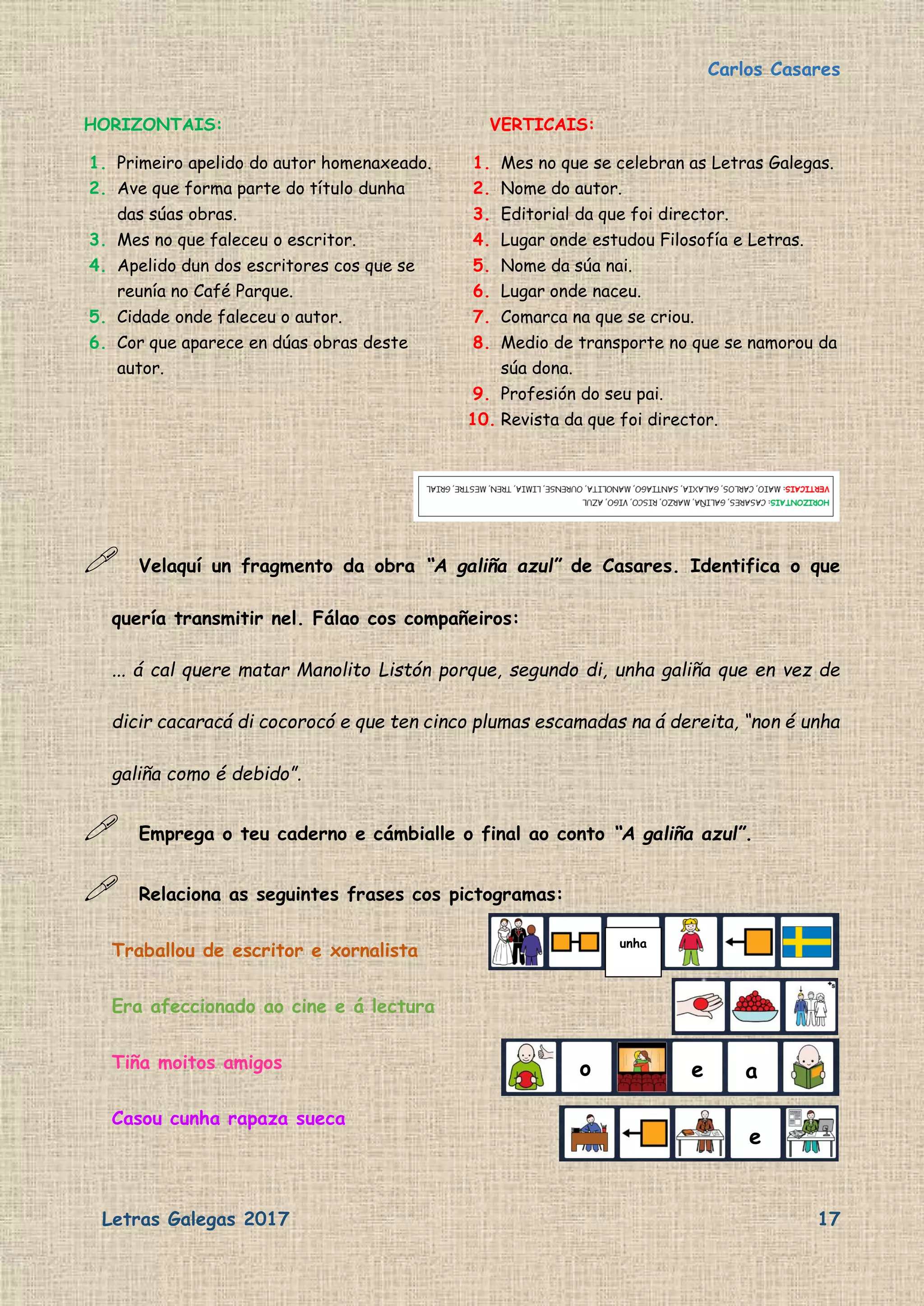 Carlos Casares
Letras Galegas 2017 17
HORIZONTAIS:
1. Primeiro apelido do autor homenaxeado.
2. Ave que forma parte do título dunha
das súas obras.
3. Mes no que faleceu o escritor.
4. Apelido dun dos escritores cos que se
reunía no Café Parque.
5. Cidade onde faleceu o autor.
6. Cor que aparece en dúas obras deste
autor.
VERTICAIS:
1. Mes no que se celebran as Letras Galegas.
2. Nome do autor.
3. Editorial da que foi director.
4. Lugar onde estudou Filosofía e Letras.
5. Nome da súa nai.
6. Lugar onde naceu.
7. Comarca na que se criou.
8. Medio de transporte no que se namorou da
súa dona.
9. Profesión do seu pai.
10. Revista da que foi director.
 Velaquí un fragmento da obra “A galiña azul” de Casares. Identifica o que
quería transmitir nel. Fálao cos compañeiros:
... á cal quere matar Manolito Listón porque, segundo di, unha galiña que en vez de
dicir cacaracá di cocorocó e que ten cinco plumas escamadas na á dereita, “non é unha
galiña como é debido”.
 Emprega o teu caderno e cámbialle o final ao conto “A galiña azul”.
 Relaciona as seguintes frases cos pictogramas:
Traballou de escritor e xornalista
Era afeccionado ao cine e á lectura
Tiña moitos amigos
Casou cunha rapaza sueca
e
o e
o
a
unha
 