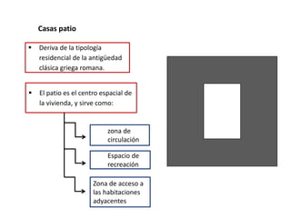 Casas patio
 Deriva de la tipología
residencial de la antigüedad
clásica griega romana.
 El patio es el centro espacial de
la vivienda, y sirve como:
Zona de acceso a
las habitaciones
adyacentes
Espacio de
recreación
zona de
circulación
 
