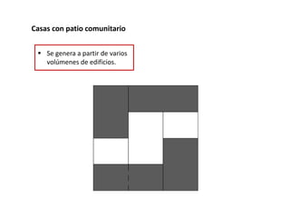 Casas con patio comunitario
 Se genera a partir de varios
volúmenes de edificios.
 