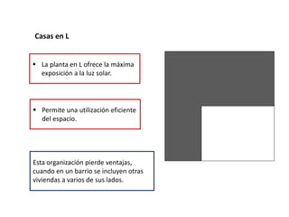 Casas en L
 La planta en L ofrece la máxima
exposición a la luz solar.
 Permite una utilización eficiente
del espacio.
Esta organización pierde ventajas,
cuando en un barrio se incluyen otras
viviendas a varios de sus lados.
 