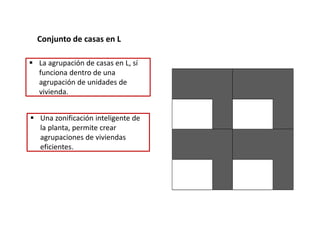 Conjunto de casas en L
 Una zonificación inteligente de
la planta, permite crear
agrupaciones de viviendas
eficientes.
 La agrupación de casas en L, sí
funciona dentro de una
agrupación de unidades de
vivienda.
 