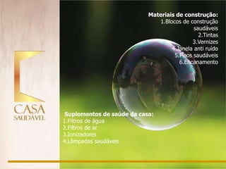 Materiais de construção:
                               1.Blocos de construção
                                             saudáveis
                                               2.Tintas
                                            3.Vernizes
                                    4.Janela anti ruído
                                     5.Pisos saudáveis
                                       6.Encanamento




 Suplementos de saúde da casa:
1.Filtros de água
2.Filtros de ar
3.Ionizadores
4.Lâmpadas saudáveis
 
