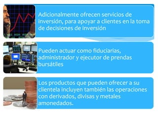 Adicionalmente ofrecen servicios de
inversión, para apoyar a clientes en la toma
de decisiones de inversión
Pueden actuar como fiduciarias,
administrador y ejecutor de prendas
bursátiles
Los productos que pueden ofrecer a su
clientela incluyen también las operaciones
con derivados, divisas y metales
amonedados.
 