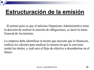 Estructuración de la emisión

  El primer paso es que el máximo Organismo Administrativo tome
la decisión de realizar la emisión de obligaciones, es decir la Junta
General de Accionistas.

La empresa debe identificar el monto que necesita que le financien,
realizar los cálculos para analizar la manera en que le conviene
emitir los títulos, y cuál será el flujo de efectivo a desembolsar en el
futuro.



                           Ing.Com. Janet Bonilla Freire.            25
 