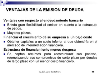 VENTAJAS DE LA EMISION DE DEUDA

Ventajas con respecto al endeudamiento bancario
 Brinda gran flexibilidad al emisor en cuanto a la estructura
  de pagos.
 Mayores plazos.
Financiar el crecimiento de su empresa a un bajo costo
 Obtener capitales a un costo inferior al que obtendría en el
  mercado de intermediación financiera.
Estructura de financiamiento menos riesgosa
 Se captan recursos para reestructurar sus pasivos,
  reemplazando sus compromisos de corto plazo por deudas
  de largo plazo con un menor costo financiero.


                       Ing.Com. Janet Bonilla Freire.     33
 