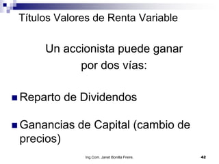 Títulos Valores de Renta Variable

      Un accionista puede ganar
            por dos vías:

 Reparto   de Dividendos

 Ganancias   de Capital (cambio de
 precios)
               Ing.Com. Janet Bonilla Freire.   42
 
