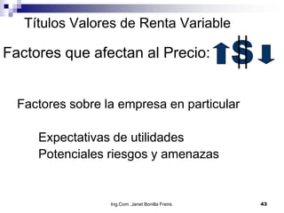 Títulos Valores de Renta Variable

Factores que afectan al Precio:


  Factores sobre la empresa en particular

     Expectativas de utilidades
     Potenciales riesgos y amenazas


                  Ing.Com. Janet Bonilla Freire.   43
 