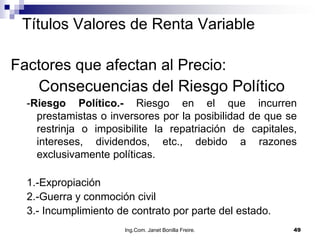 Títulos Valores de Renta Variable

Factores que afectan al Precio:
   Consecuencias del Riesgo Político
  -Riesgo Político.- Riesgo en el que incurren
    prestamistas o inversores por la posibilidad de que se
    restrinja o imposibilite la repatriación de capitales,
    intereses, dividendos, etc., debido a razones
    exclusivamente políticas.

  1.-Expropiación
  2.-Guerra y conmoción civil
  3.- Incumplimiento de contrato por parte del estado.
                      Ing.Com. Janet Bonilla Freire.     49
 