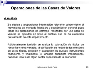 Operaciones de las Casas de Valores

4. Análisis

   Se dedica a proporcionar información relevante concerniente al
   movimiento del mercado financiero y económico en general, pues
   todas las operaciones de corretaje realizadas por una casa de
   valores se ejecutan en base al análisis que se ha elaborado
   previamente en este departamento.

   Adicionalmente también se realiza la valoración de títulos en
   renta fija y renta variable, la calificación de riesgo de los emisores
   de estos títulos, creación y evaluación de nuevos instrumentos
   financieros y finalmente, el análisis financiero internacional,
   nacional, local o de algún sector específico de la economía


                             Ing.Com. Janet Bonilla Freire.                 66
 