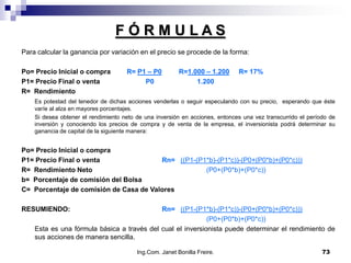 FÓRMULAS
Para calcular la ganancia por variación en el precio se procede de la forma:

Po= Precio Inicial o compra          R= P1 – P0          R=1.000 – 1.200      R= 17%
P1= Precio Final o venta                  P0                  1.200
R= Rendimiento
    Es potestad del tenedor de dichas acciones venderlas o seguir especulando con su precio, esperando que éste
    varíe al alza en mayores porcentajes.
    Si desea obtener el rendimiento neto de una inversión en acciones, entonces una vez transcurrido el período de
    inversión y conociendo los precios de compra y de venta de la empresa, el inversionista podrá determinar su
    ganancia de capital de la siguiente manera:


Po= Precio Inicial o compra
P1= Precio Final o venta                Rn= ((P1-(P1*b)-(P1*c))-(P0+(P0*b)+(P0*c)))
R= Rendimiento Neto                                 (P0+(P0*b)+(P0*c))
b= Porcentaje de comisión del Bolsa
C= Porcentaje de comisión de Casa de Valores

RESUMIENDO:                                 Rn= ((P1-(P1*b)-(P1*c))-(P0+(P0*b)+(P0*c)))
                                                            (P0+(P0*b)+(P0*c))
    Esta es una fórmula básica a través del cual el inversionista puede determinar el rendimiento de
    sus acciones de manera sencilla.

                                         Ing.Com. Janet Bonilla Freire.                                      73
 