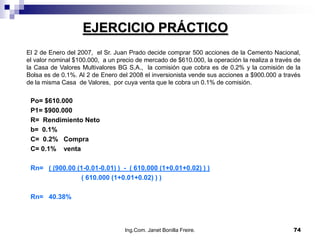 EJERCICIO PRÁCTICO
El 2 de Enero del 2007, el Sr. Juan Prado decide comprar 500 acciones de la Cemento Nacional,
el valor nominal $100.000, a un precio de mercado de $610.000, la operación la realiza a través de
la Casa de Valores Multivalores BG S.A., la comisión que cobra es de 0.2% y la comisión de la
Bolsa es de 0.1%. Al 2 de Enero del 2008 el inversionista vende sus acciones a $900.000 a través
de la misma Casa de Valores, por cuya venta que le cobra un 0.1% de comisión.

 Po= $610.000
 P1= $900.000
 R= Rendimiento Neto
 b= 0.1%
 C= 0.2% Compra
 C= 0.1% venta

 Rn= ( (900.00 (1-0.01-0.01) ) - ( 610.000 (1+0.01+0.02) ) )
                ( 610.000 (1+0.01+0.02) ) )

 Rn= 40.38%



                                   Ing.Com. Janet Bonilla Freire.                              74
 