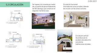 Circulación horizontal
5.3 CIRCULACIÓN
Circulación horizontal
Circulación vertical
SEGUNDA PLANTA
Circulación horizontal
Circulación vertical
PLANTA BAJA
Circulación vertical
PRIMERA PLANTA
Se ingresa a la vivienda por medio
de un puente de aproximadamente
de 10m de largo, que conecta en el
segundo nivel de la casa.
Circulación horizontal
Une todas las zonas privadas, además
de vincular con las zonas comunes.
Circulación vertical
Se produce por la
escalera ubicada en la
zona de las
habitaciones cerradas.
www.revistaad.es
revistaaxxis.com
www.disenoyarquitectura.net
2-09-2021
 