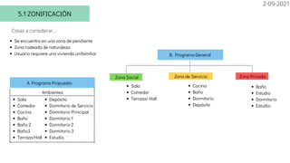 Zona Privada
Baño
Estudio
Dormitorio
Estudio
Sala
Comedor
Cocina
Baño
Baño 2
Baño3
Terraza/Hall
Depósito
Dormitorio de Servicio
Dormitorio Principal
Dormitorio 1
Dormitorio 2
Dormitorio 3
Estudio
B. Programa General
Zona Social Zona de Servicio
Cocina
Baño
Dormitorio
Depósito
Sala
Comedor
Terraza/ Hall
A. Programa Propuesto
Ambientes
5.1 ZONIFICACIÓN
Cosas a considerar...
Se encuentra en una zona de pendiente
Zona rodeada de naturaleza
Usuario requiere una vivienda unifamiliar
2-09-2021
 