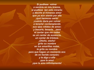 Si pudiese  volver  a sentirla en mis brazos, si pudiese  tan solo mirarla; y decirle el inmenso amor que yo aún siento por ella ¡qué hermoso sería! ¡cuánto daría por volver a tenerla! contemplando sus ojos nítidos de amor; y besarla, besarla... pero el cantar que me rodea es un cantar de ausencia, un cantar de tristeza. ¡Otoño, otoño! grito su nombre en tus amarillas notas, te grito su nombre para que hagas un momento eco de mi herido corazón; y le digo a ella ¡que la amo! ¡que la amo infinitamente! 