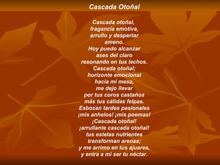 Cascada Otoñal Cascada otoñal,  fragancia emotiva, arrullo y despertar ameno. Hoy puedo alcanzar ases del claro resonando en tus lechos. Cascada otoñal; horizonte emocional hacia mi mesa, me dejo llevar por tus coros castaños más tus cálidas felpas. Esbozan tardes pasionales ¡mis anhelos! ¡mis poemas! ¡Cascada otoñal! ¡arrullante cascada otoñal! tus estelas nutrientes transforman arenas; y me arrimo en tus ajuares, y entra a mi ser tu néctar. 